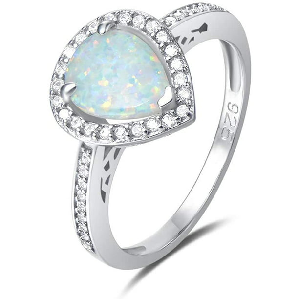 FANCIME 925 Sterling Silver White//BLue Created Opal Teardrop Halo Rings Gold Plated Dainty Engagement Water Drop October Birthstone Rings for Women Size 5,6,7,8 Mothers Day Gift